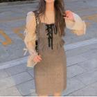 Long-sleeve Blouse / Spaghetti Strap Mini Sheath Dress