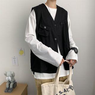 Plain Cargo Pocket Button-up Vest