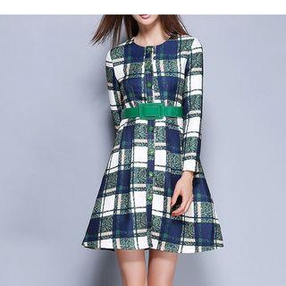 Plaid Buttoned Long Sleeve A-line Dress