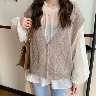 Knit Vest / Puff-sleeve Blouse