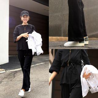 Set: Rib-knit Wrap Top + Wide-leg Pants
