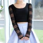 Long-sleeve Lace Paneled Cropped T-shirt