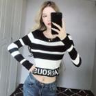 Long-sleeve Striped Lettering Crop Knit Top