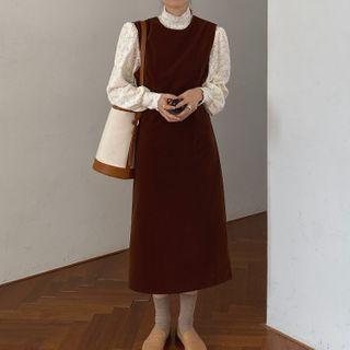 Sleeveless Plain Midi Dress / Lace Mock-neck Blouse