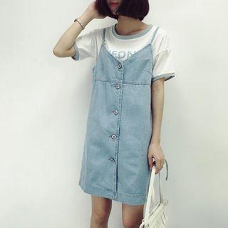 Buttoned Washed Denim Spaghetti-strap Dress