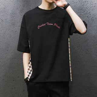 Elbow-sleeve Plaid Trim Letter T-shirt
