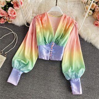 Rainbow Color V-neck Puff Sleeve Blouse