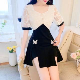 Set: Bow-accent Two-tone Dress + Shorts