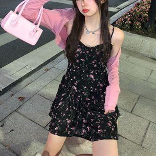 Spaghetti Strap Floral Print Dress / Crop Cardigan