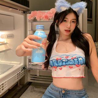 Printed Letter Cropped Tank Top White - One Size
