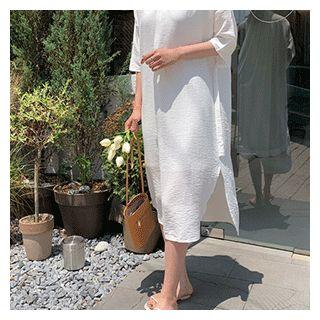 V-neck Drawstring-waist Dress White - One Size