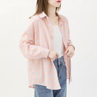 Set: Plaid Long-sleeve Shirt + Plain Camisole Top