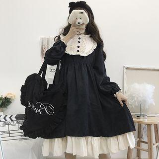 Frilled Trim Color Block Long-sleeve A-line Dress As Shown In Figure - One Size