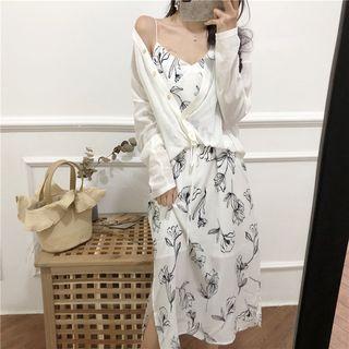 Spaghetti Strap V-neck Floral Print Dress As Shown In Figure - One Size