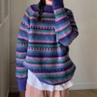 Long-sleeve Striped Knit  Sweater Purple - One Size