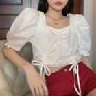 Puff-sleeve Square-neck Ruched Drawstring Shirt