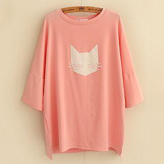 Cat Print 3/4 Sleeve T-shirt