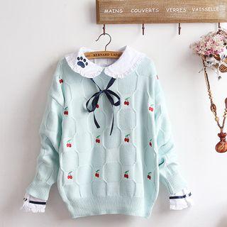 Ruffle Trim Blouse / Cherry Embroidered Sweater / Set