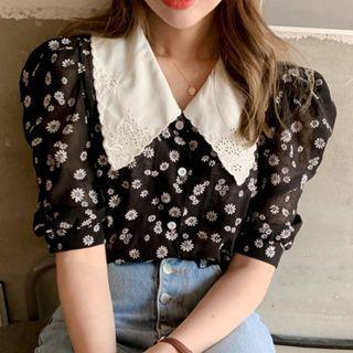 Peter Pan Collar Embroidered Print Short-sleeve Shirt