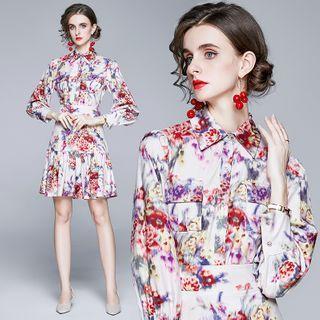 Set: Puff-sleeve Floral Print Blouse + A-line Skirt