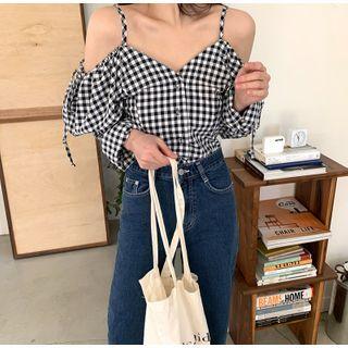 Off-shoulder Plaid Top Black & White - One Size