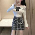 Off-shoulder Bow Knit Top / Plaid Mini A-line Skirt