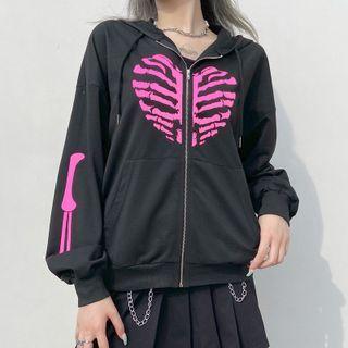 Heart Bone Print Zip-up Jacket