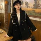 Sailor-collar Double-breasted Woolen Coat Black - One Size