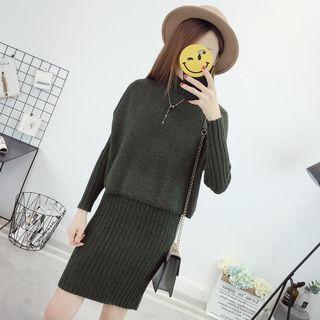 Set: Ribbed Mock-neck Long-sleeve Knit Dress + Sleeveless Top