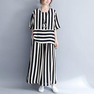 Set: Striped Short-sleeve Asymmetrical Top + Wide-leg Pants