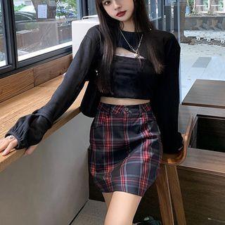 Long-sleeve Crop Top / Tank Top / Plaid Mini Pencil Skirt