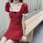 Square-neck Puff-sleeve Lace Trim Dress