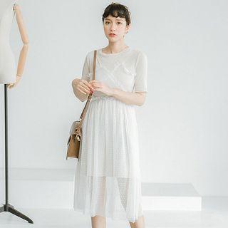 Mesh-overlay Mock Two-piece Dress