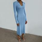 Long Sleeve Collar V-neck Plain Midi Dress