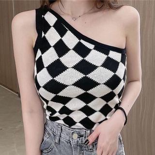 One-shoulder Check Knit Tank Top