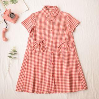Short-sleeve Plaid Shirtdress Plaid - Red - One Size