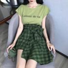 Short-sleeve Letter T-shirt / Asymmetric Plaid A-line Skirt