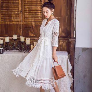 3/4-sleeve Perforated Trim Fringed A-line Midi Dress