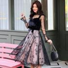 Long-sleeve Sheer Top / Sleeveless A-line Dress / Set