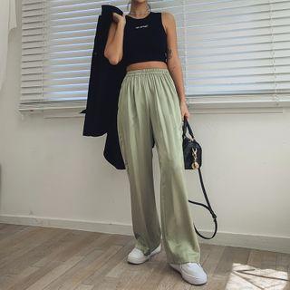 Band-waist Wide-leg Satin Pants
