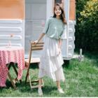 Elbow-sleeve Printed T-shirt / Polka Dot A-line Midi Tiered Skirt / Set