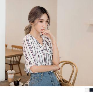 Ruffle Trim Patterned Short-sleeve Chiffon Blouse