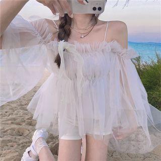 Cold Shoulder Ruffled Mesh Dress White - One Size