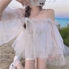Cold Shoulder Ruffled Mesh Dress White - One Size