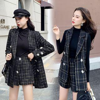 Double-breasted Plaid Blazer / Plaid Shorts / Double-breasted Plaid Vest / Plaid A-line Skirt / Set