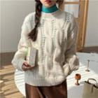 Long-sleeve Cable Knit Sweater White - One Size