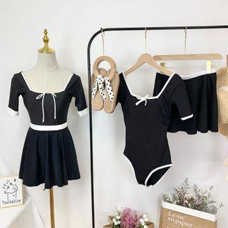 Set: Contrast Trim Short-sleeve Swimsuit + Swim Skirt