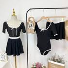 Set: Contrast Trim Short-sleeve Swimsuit + Swim Skirt
