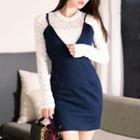 Set: Long-sleeve Lace Top + Starppy Sheath Dress