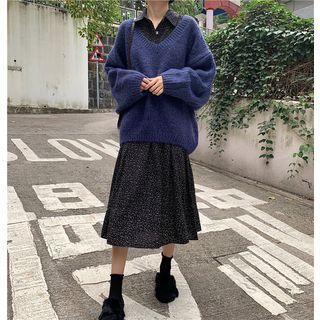 Long Sleeve Dotted Print Shirtdress / V-neck Loose Sweater